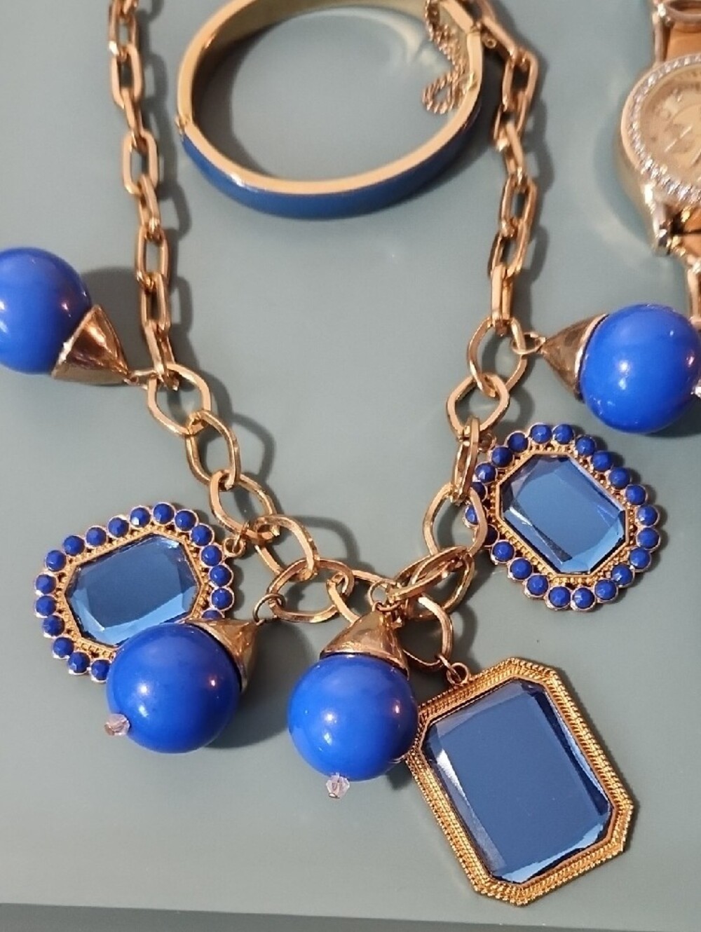 Gold Chain Necklace with Royal Blue Stones